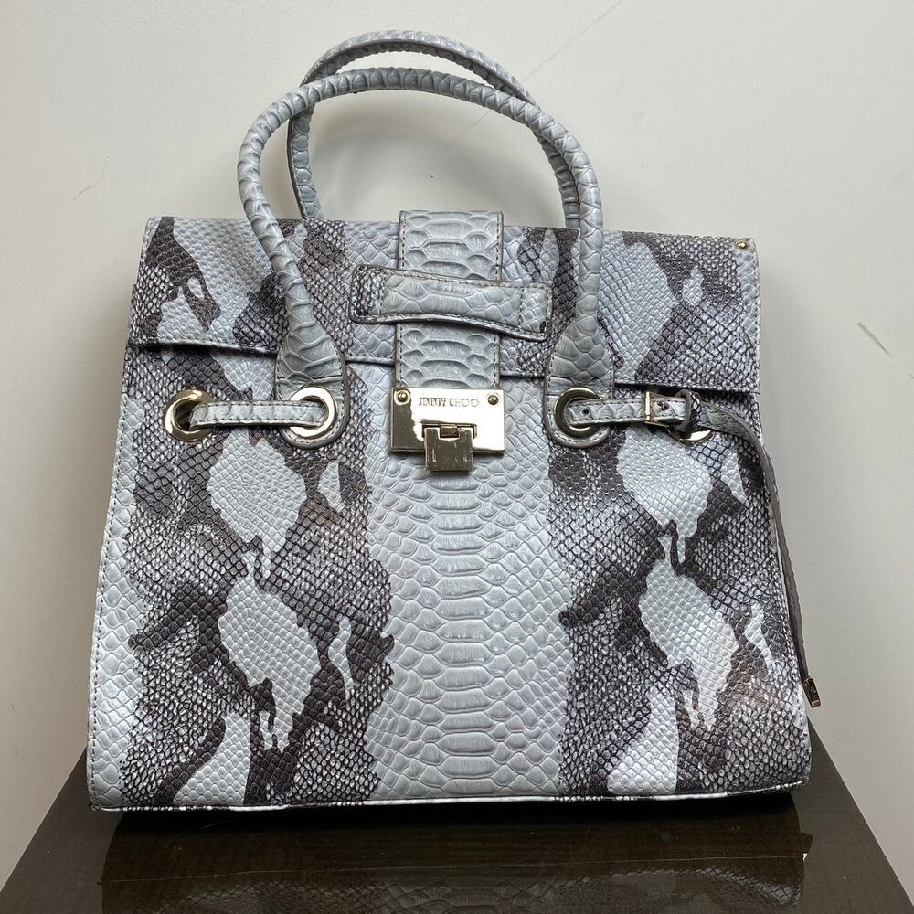 Jimmy Choo Gray and Black Python-Print Leather Top-Handle Shoulder Bag - Picture 2 of 16